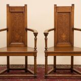 Pair of Renaissance style armchairs in walnut and marquetry.