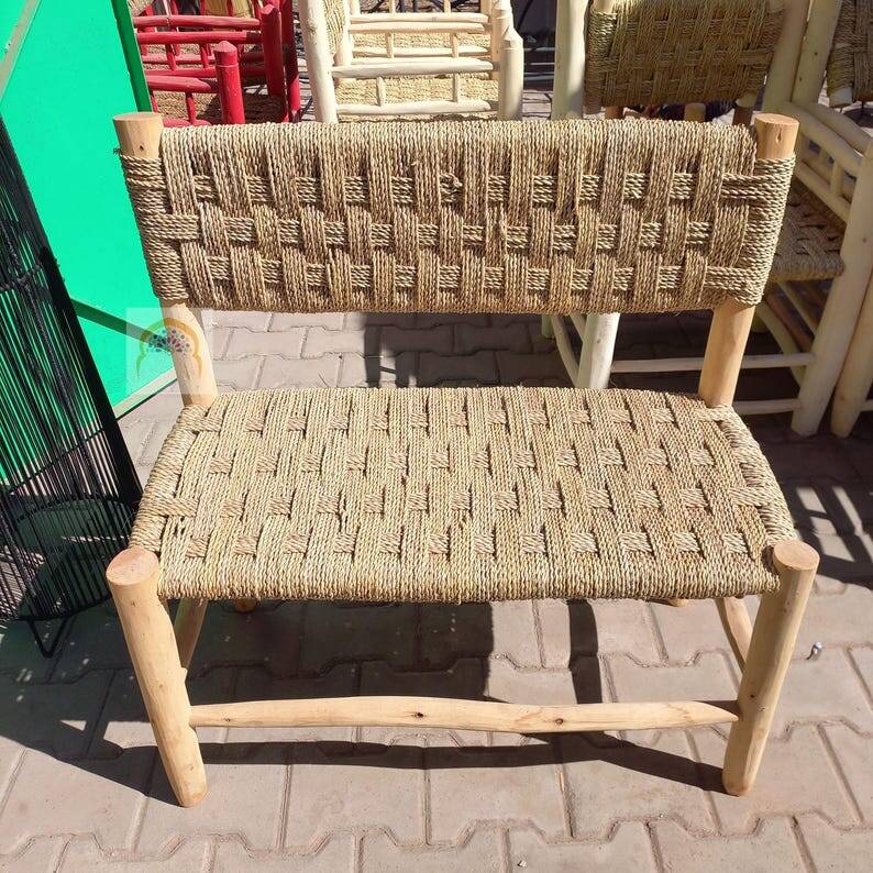 Moroccan Wooden Bench with Palm Leaf Cord Entryway and Living Room Boh