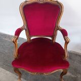 Ensemble banquette et 2 fauteuils style Louis XV en tissu rouge