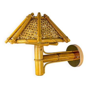 Rattan bamboo wall light with woven wicker shade, Italy, 1960s