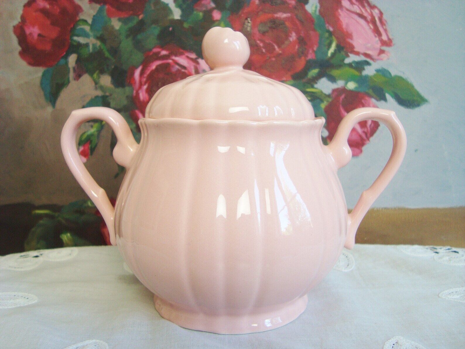 Vintage pink ceramic sugar bowl made by Salins France