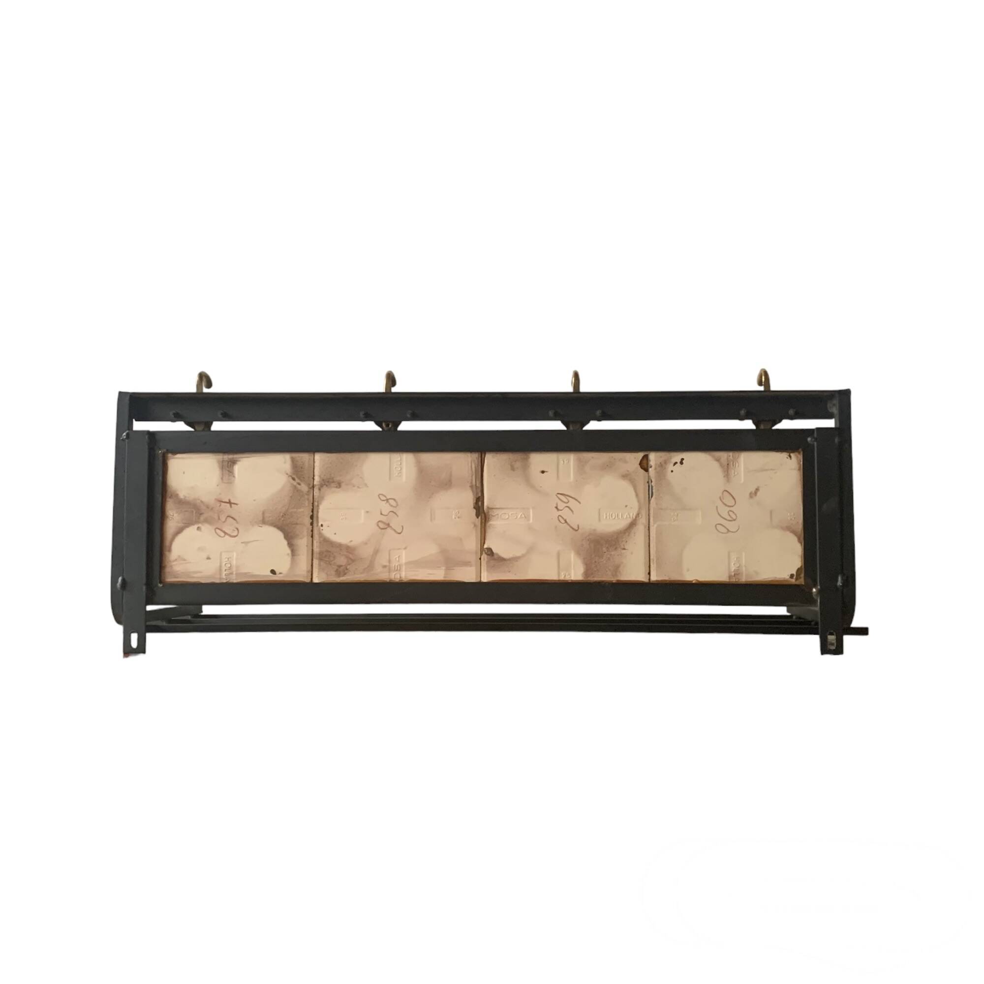 Vintage wall-mounted coat rack in steel, brass and ceramic