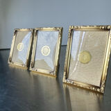 Set of 3 vintage identical gold colored metal picture frames convex glass