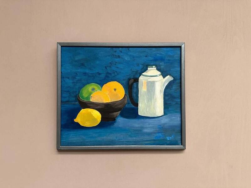 Oil on canvas "Still life with fruits and bottle" by S. Catchings, framed 50×41cm