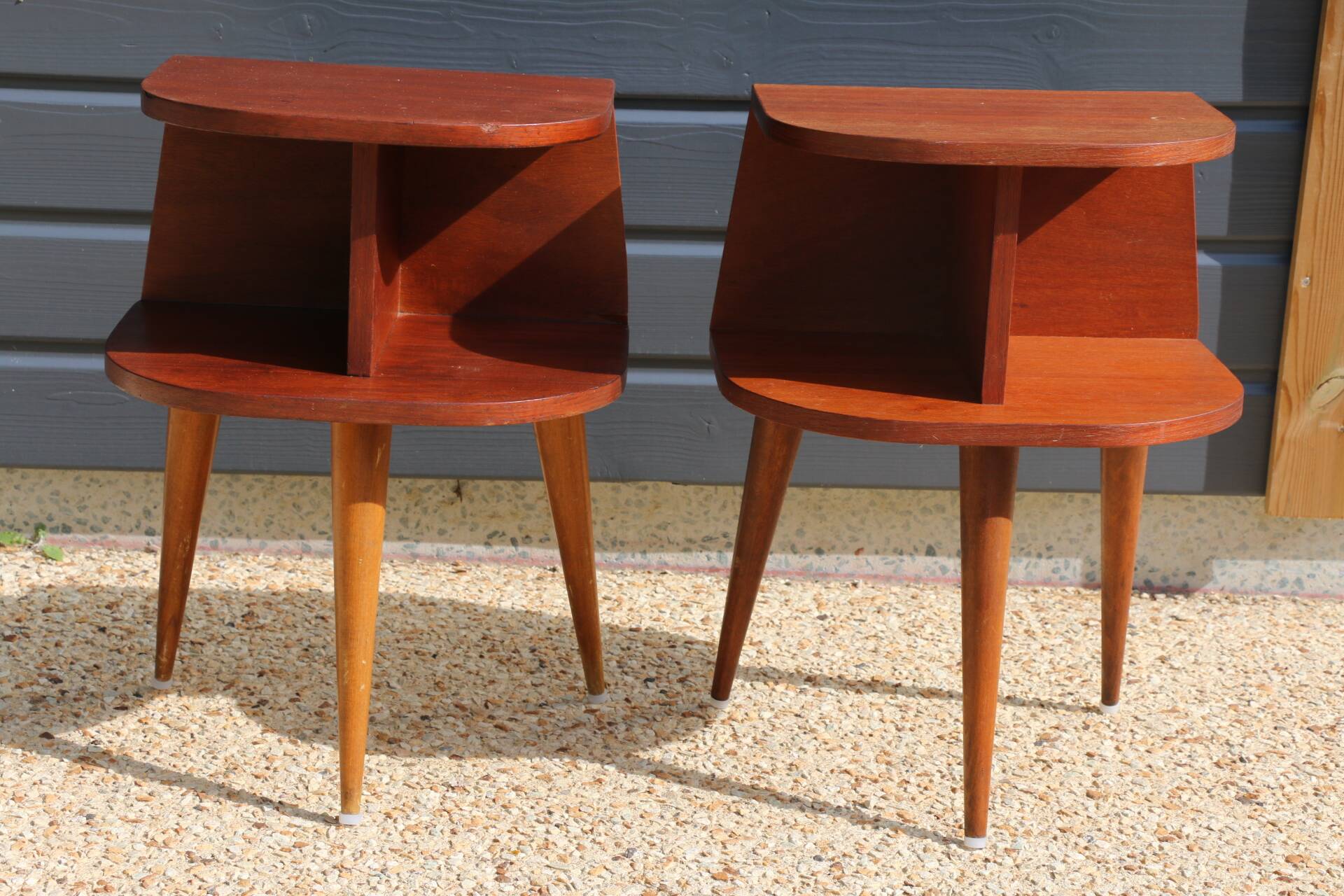 Pair of oak veneered tripod bedside tables 1950