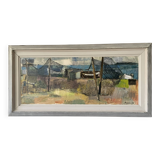 Vintage Oil Painting Fishing Village Scene 1950s