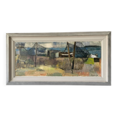 Peinture à l'huile vintage représentant une scène de village de pêcheurs, années 1950