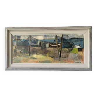 Vintage Oil Painting Fishing Village Scene 1950s