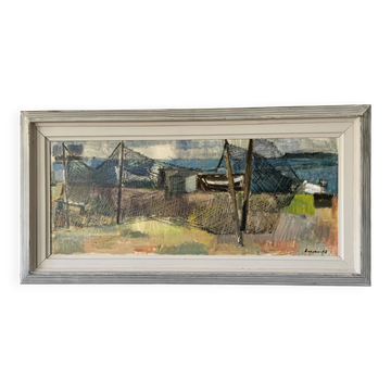 Peinture à l'huile vintage représentant une scène de village de pêcheurs, années 1950