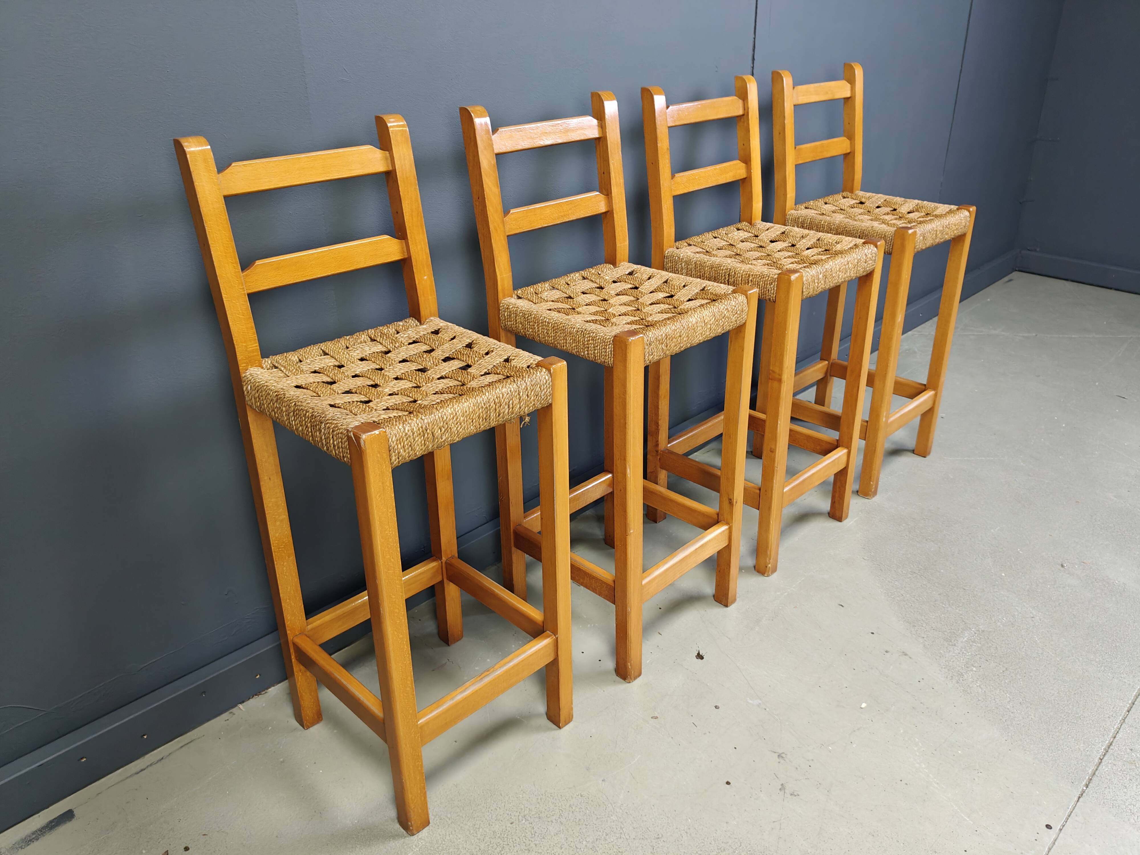 Vintage oak and papercord bar stools, 1960s