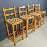 Vintage oak and papercord bar stools, 1960s