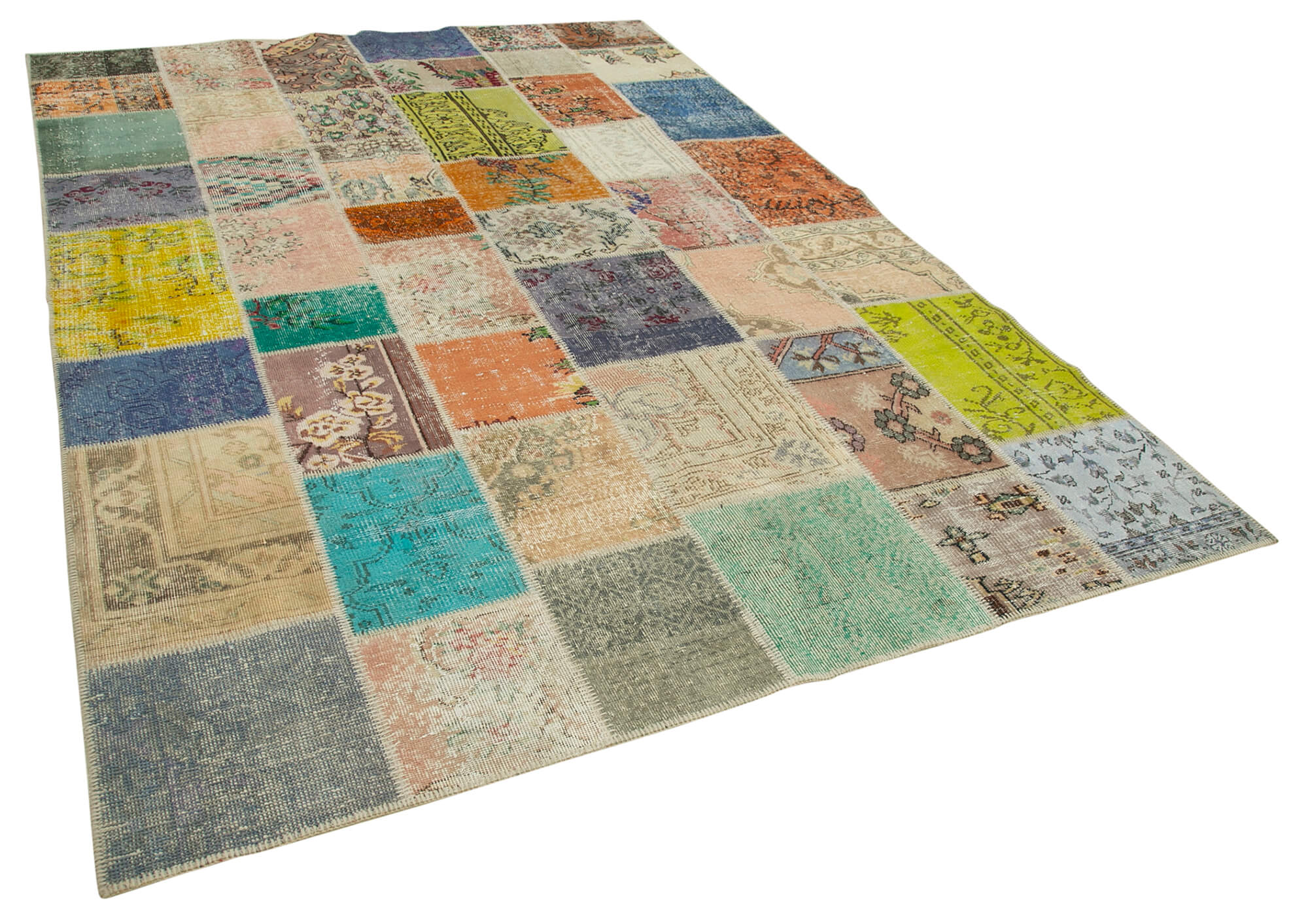 Handmade anatolian overdyed 206 cm x 297 cm multicolor patchwork carpet