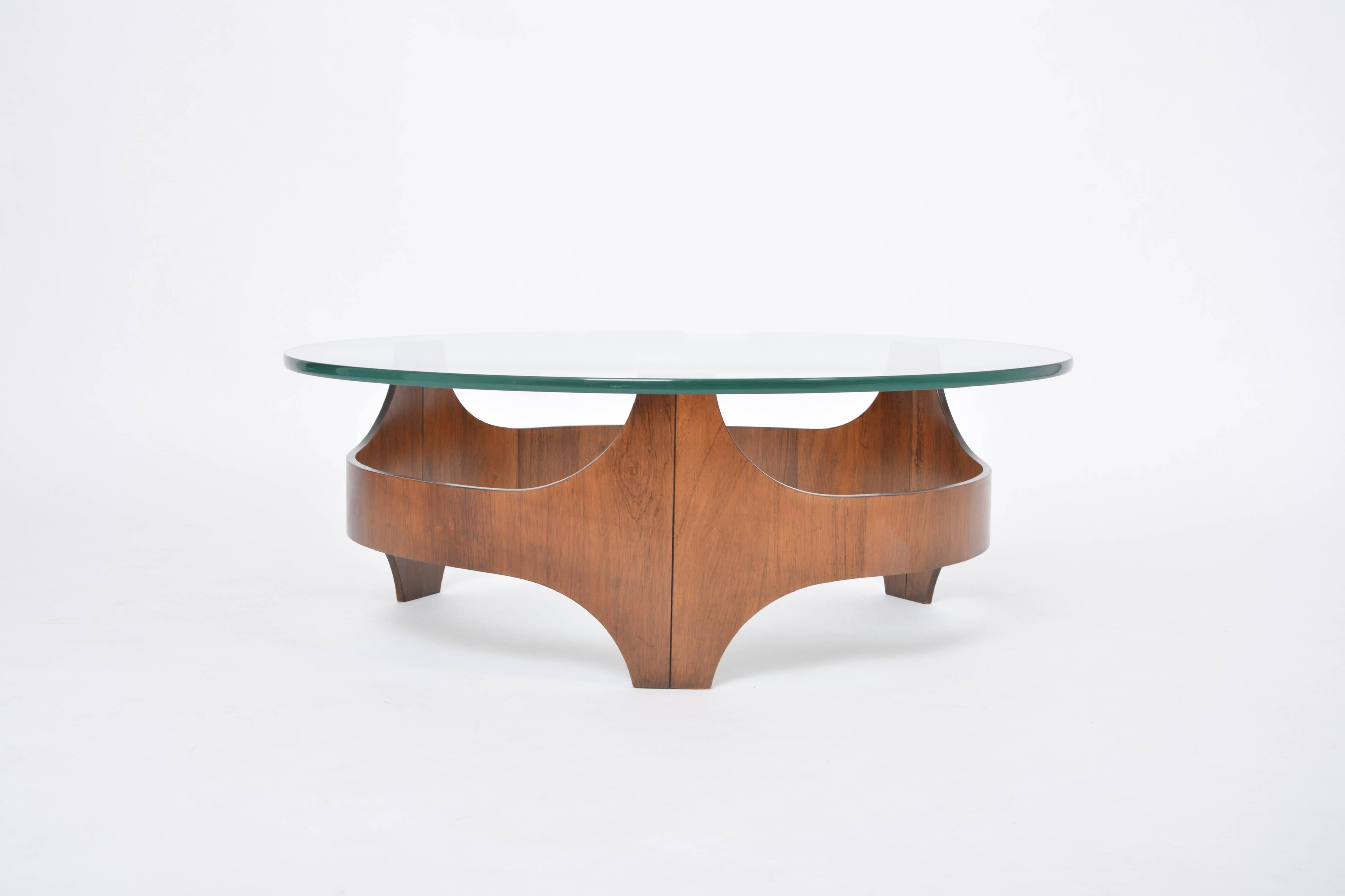 Mid-Century Circular Coffee Table with Wooden Base and Glass Top