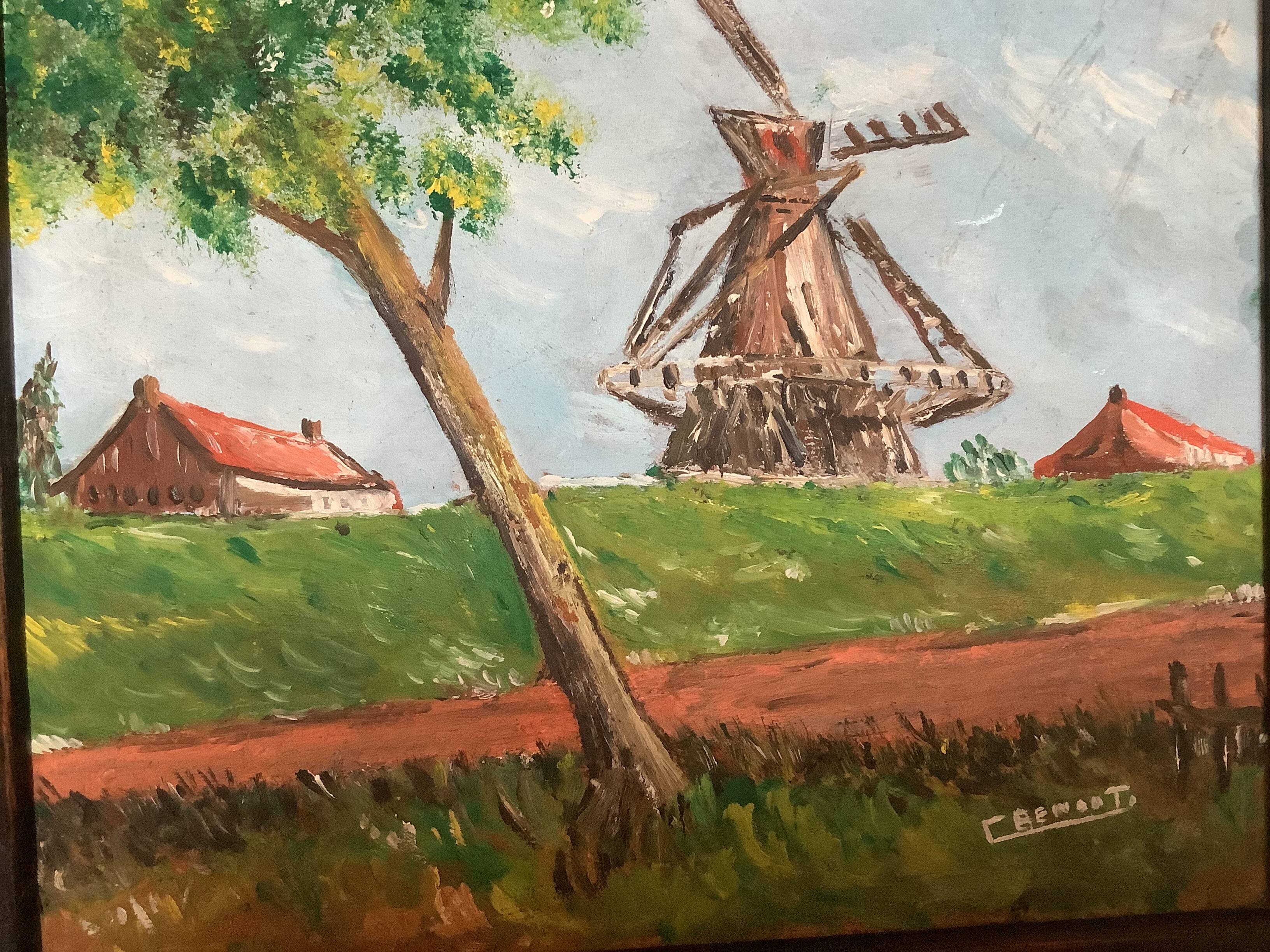 Small landscape painting of a mill, oil on panel, signed.