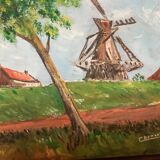 Small landscape painting of a mill, oil on panel, signed.