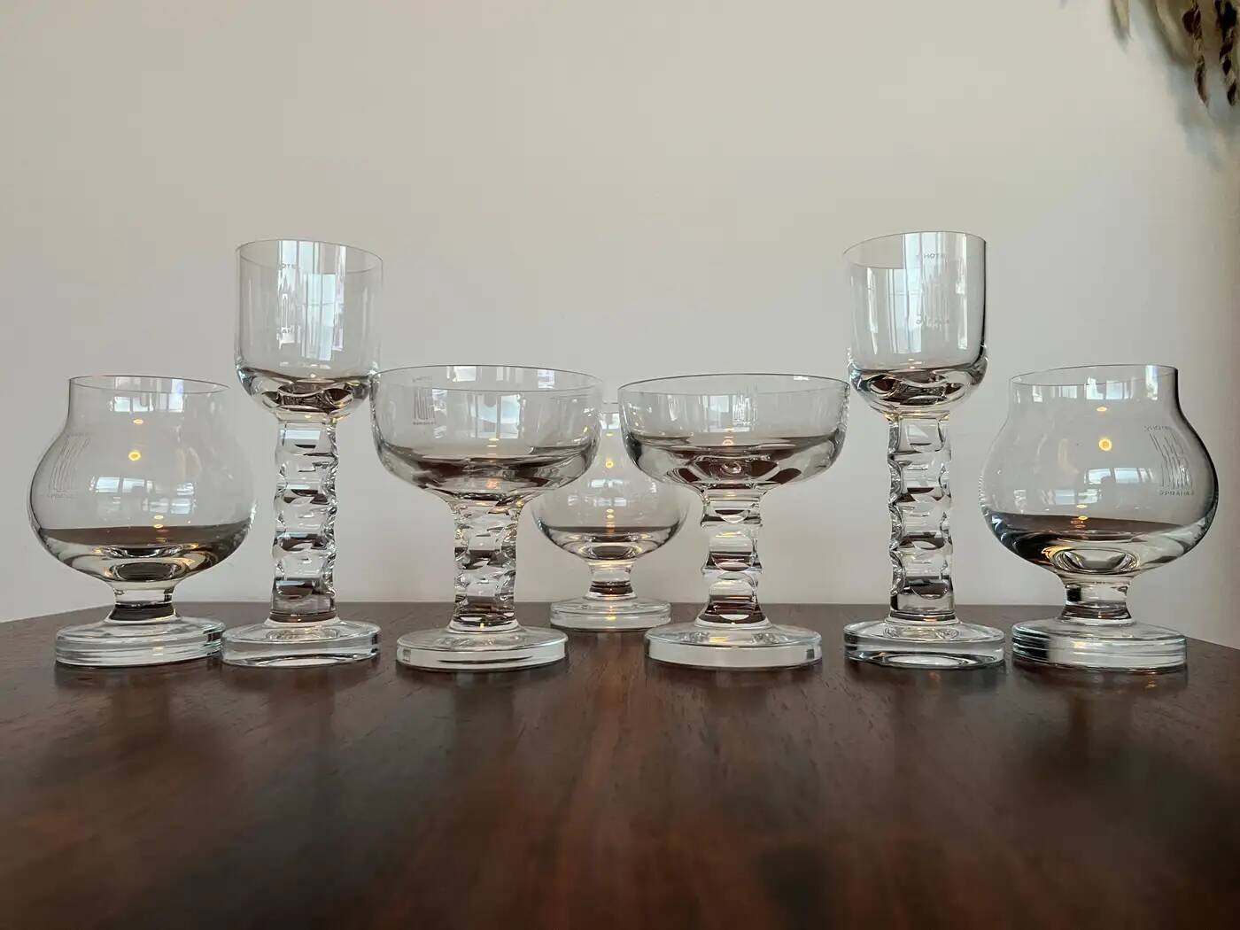Unique luxurious set of 7 design glasses by Moser for Hotel Prag, 1970s