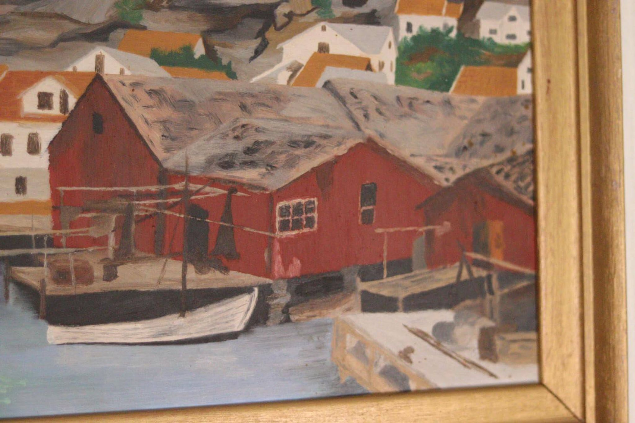 Huile sur panneau suédoise originale du milieu du siècle – ville côtière
