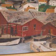 Huile sur panneau suédoise originale du milieu du siècle – ville côtière