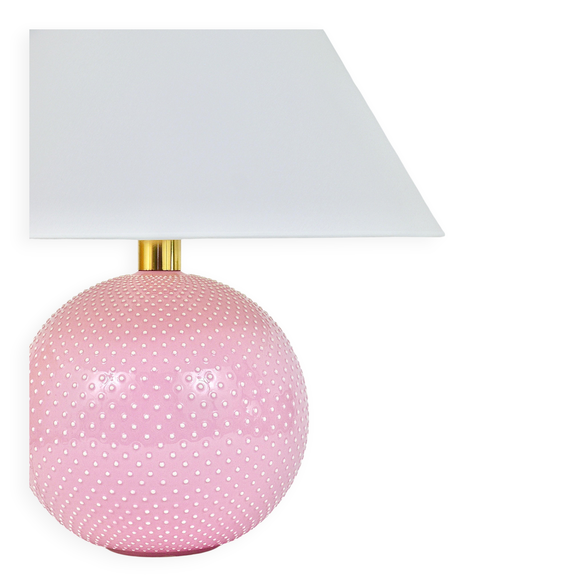 Pastel pink polka dot spherical table lamp, ceramic, brass, Studio Paf Milano, 1970.