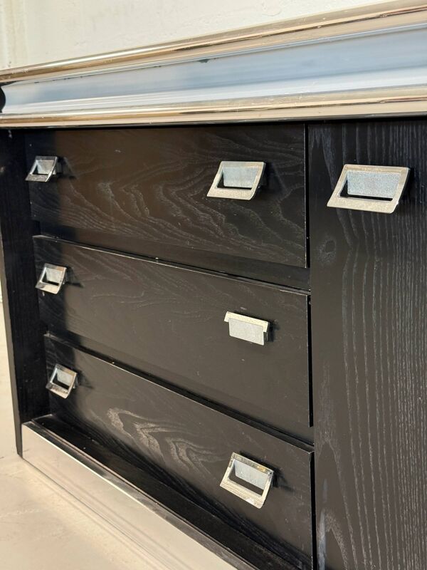 Buffet vintage noir laqué et chrome   Buffet italien Space Age années 1970