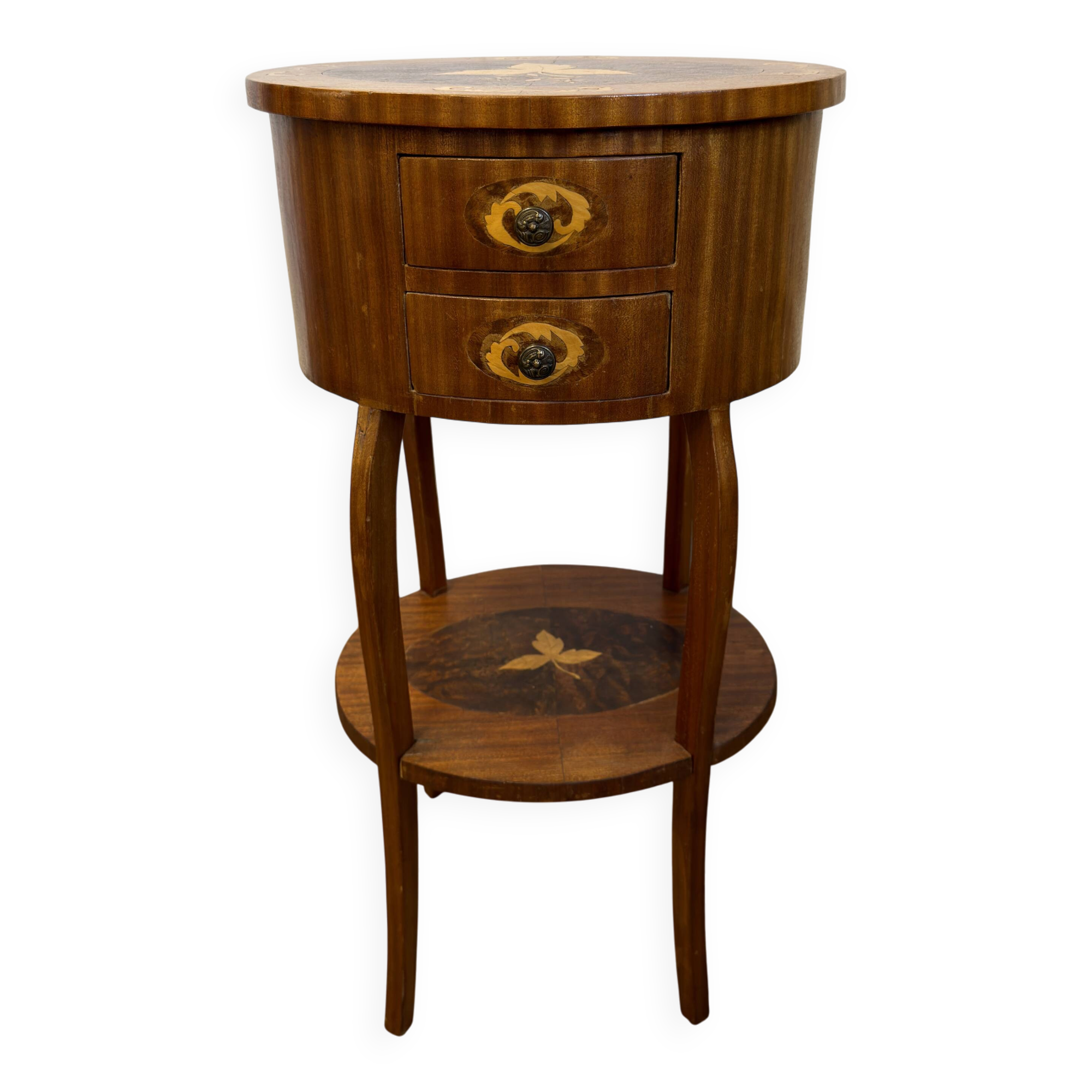 Table de chevet marquetée de style Louis XV – 2 tiroirs – décor floral
