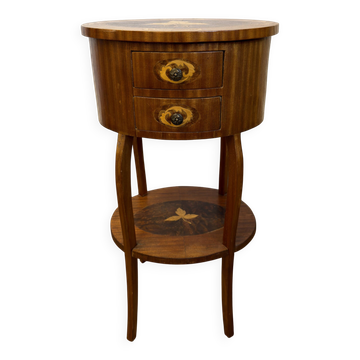 Louis XV style marquetry bedside table – 2 drawers – floral decoration