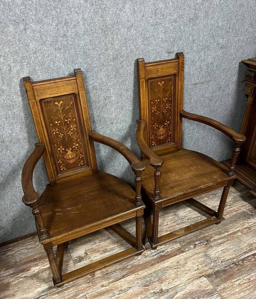 Pair of Renaissance armchairs called "Caquetoires" in walnut and marquetry, circa 1850