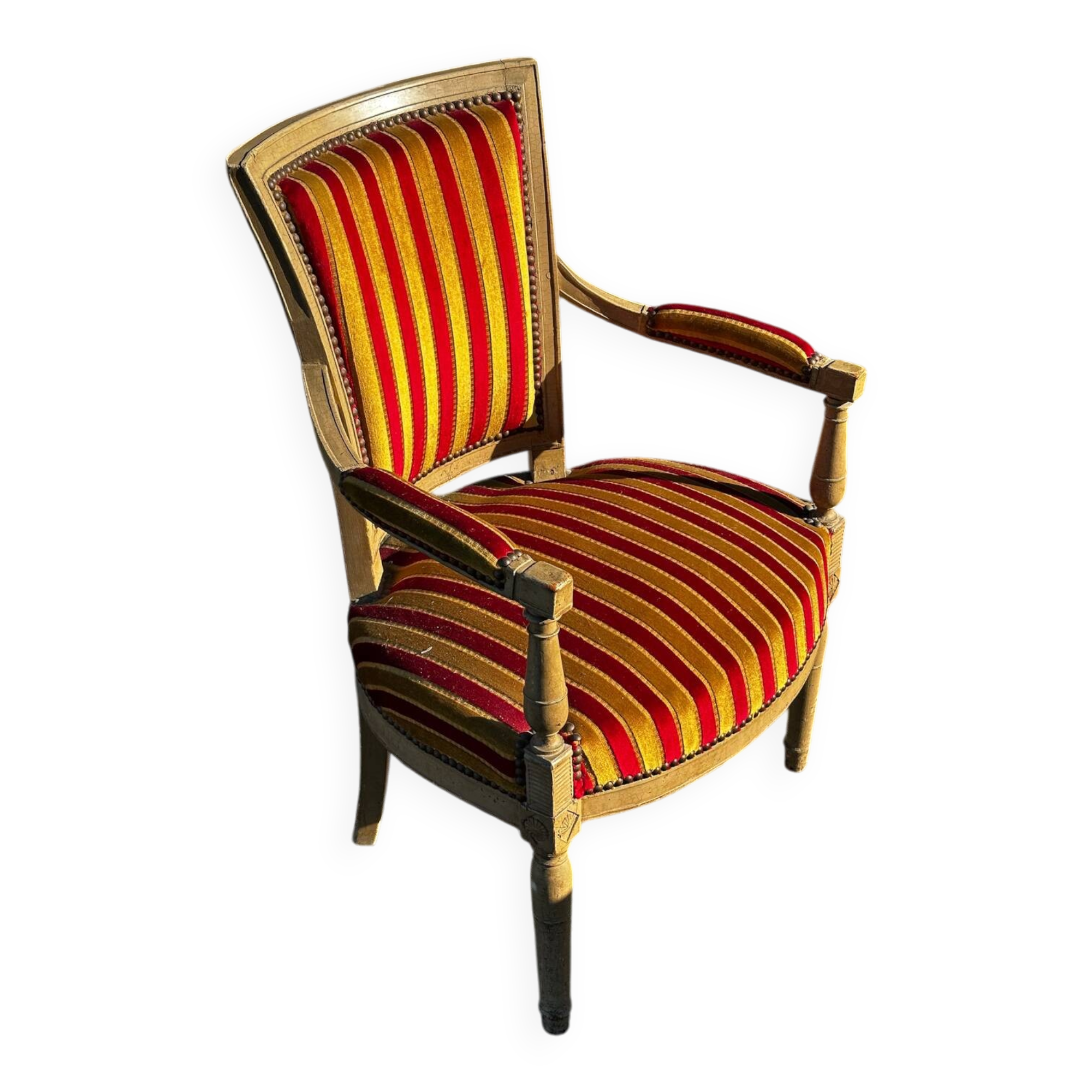 Louis XVI cabriolet armchair – patinated wood and striped velvet