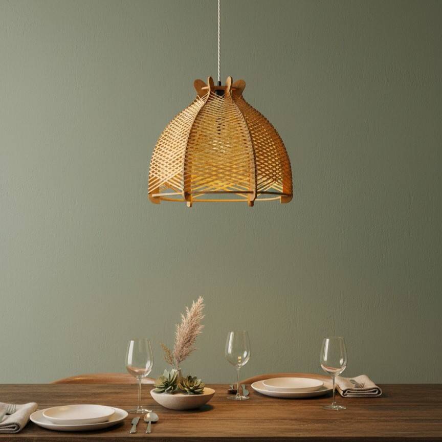 Suspension en bois et rotin vintage des années 1960