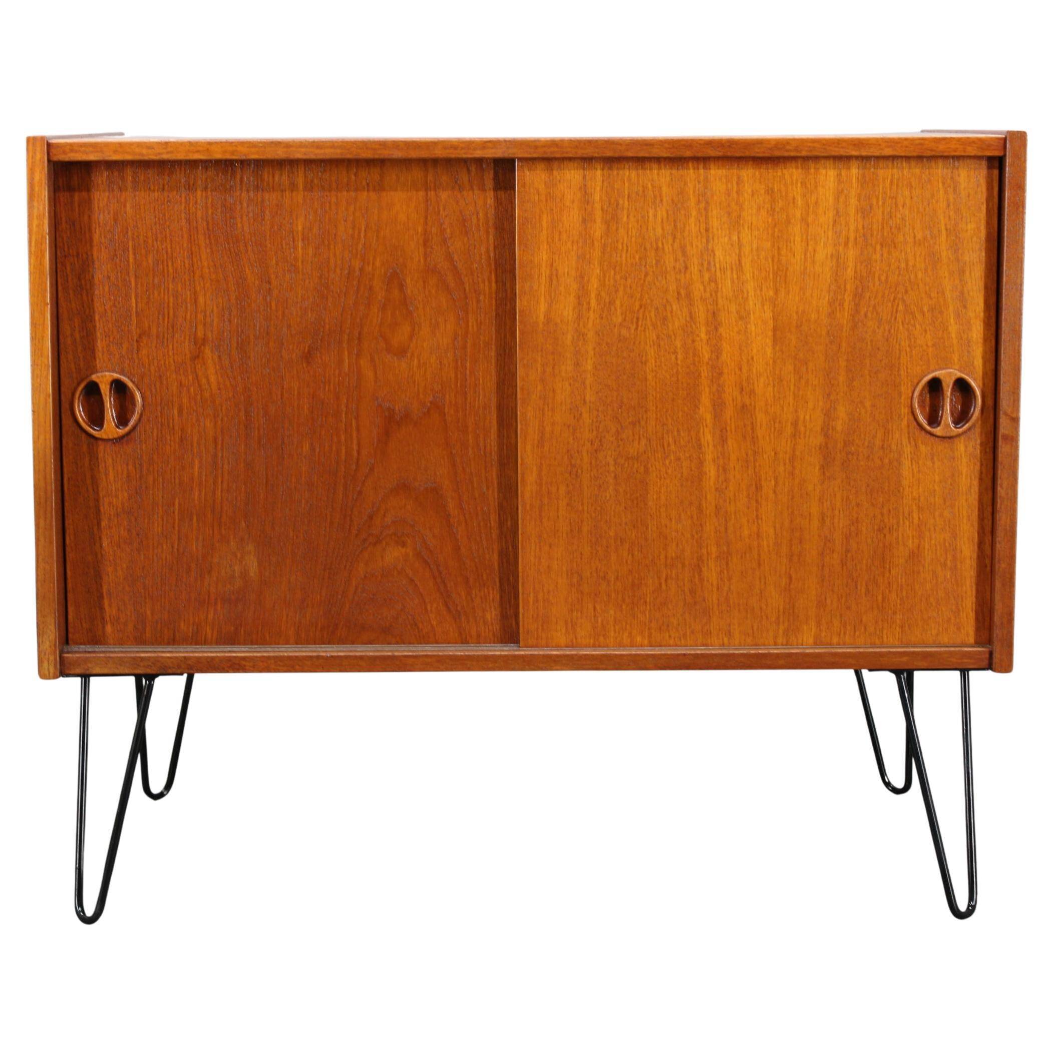 Danish mid-century teak cabinet with sliding doors, refurbished, 1960s