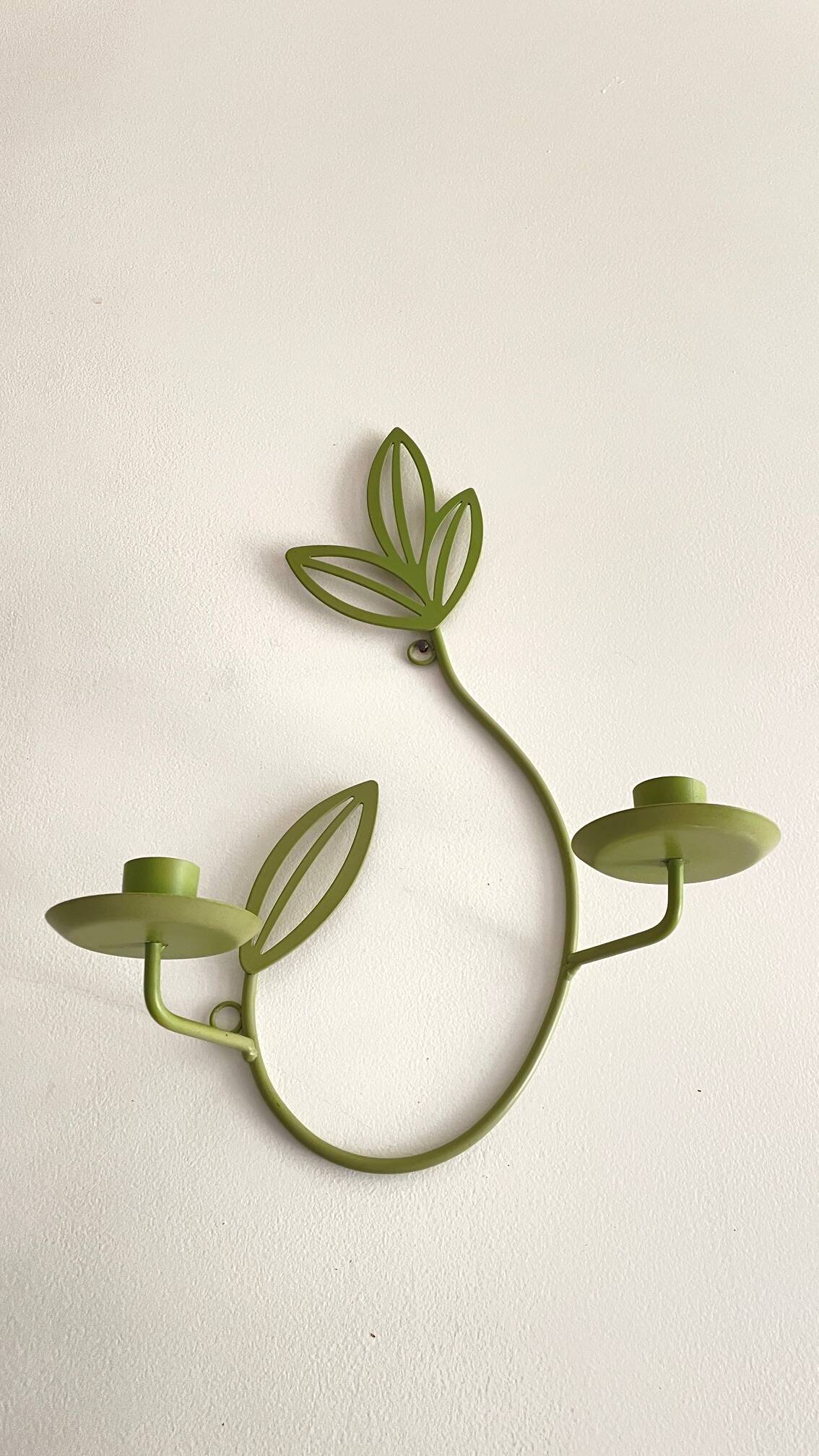 Wall Candle Holder, Green Metal Leaves