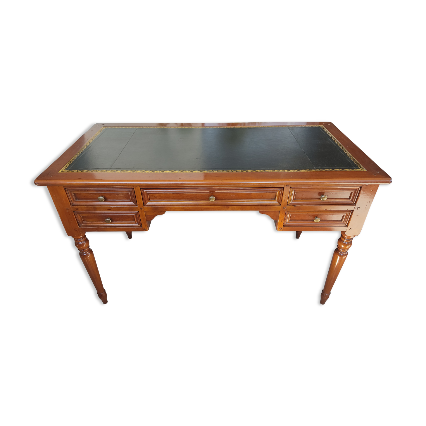 Wooden desk, leather top, with drawbars with its chair
