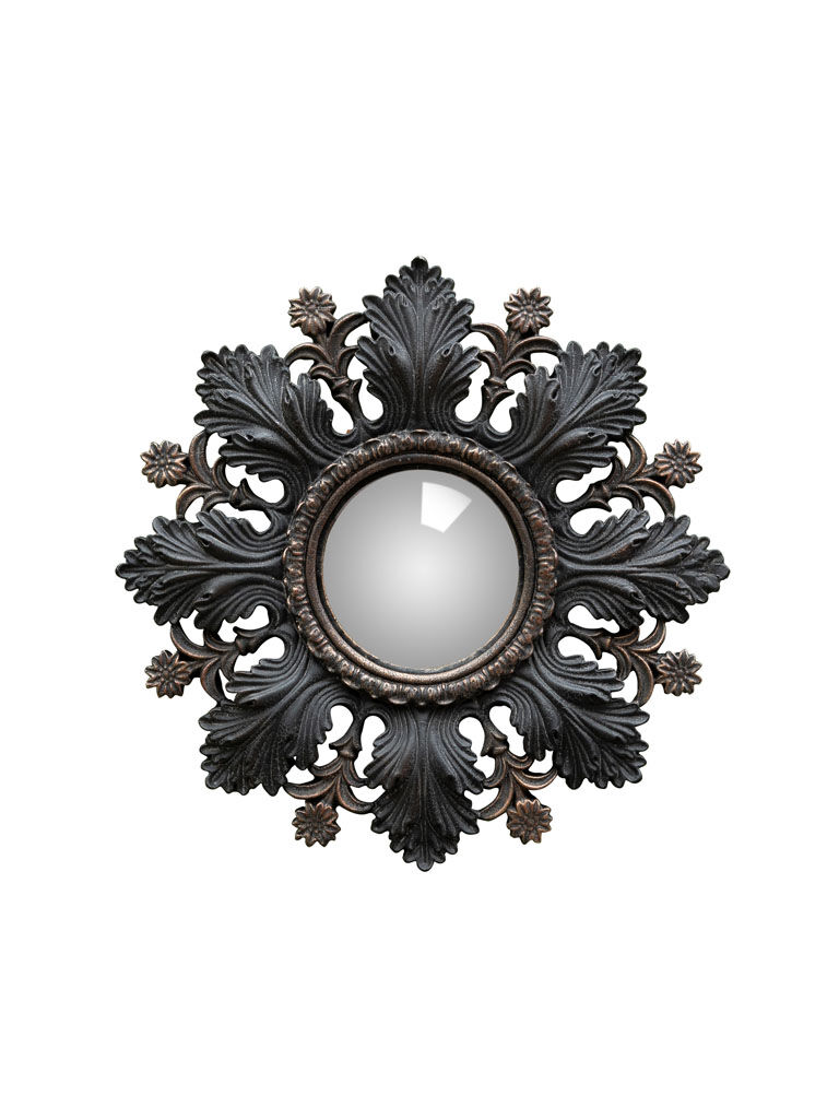 Convex mirror leaves and black flowers golden reflection 20 cm
