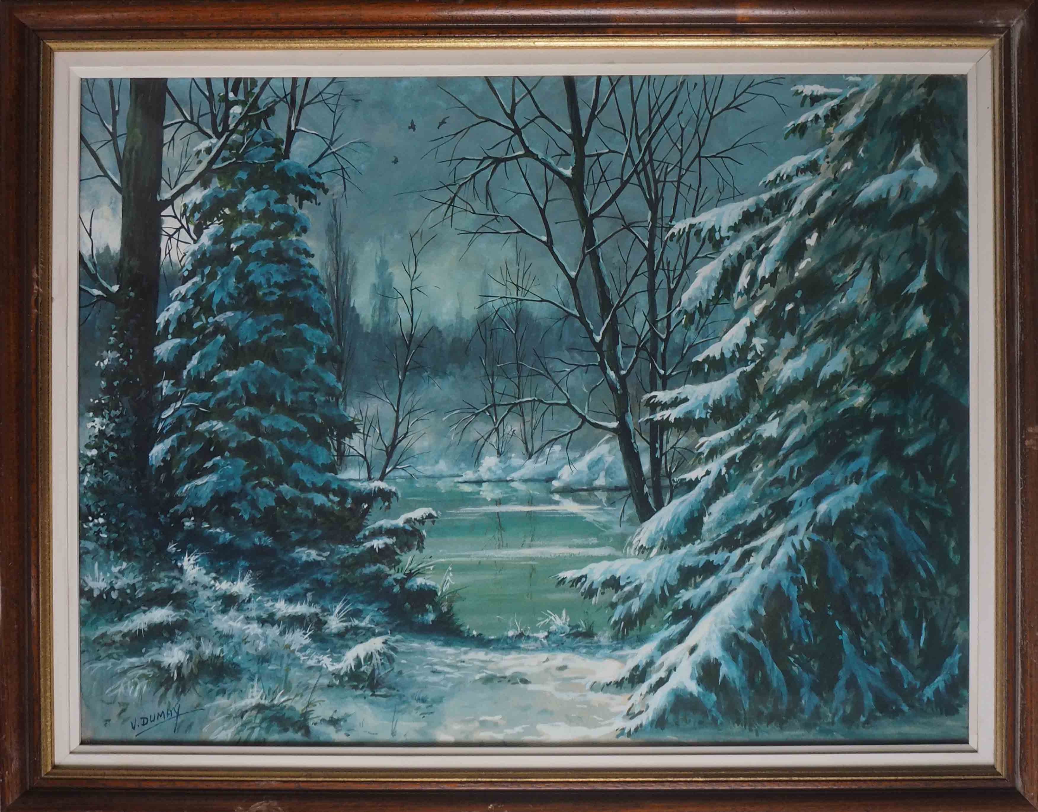 Painting Under snowy wood mountain landscape by Victor DUMAY (1901-1981)