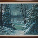 Painting Under snowy wood mountain landscape by Victor DUMAY (1901-1981)