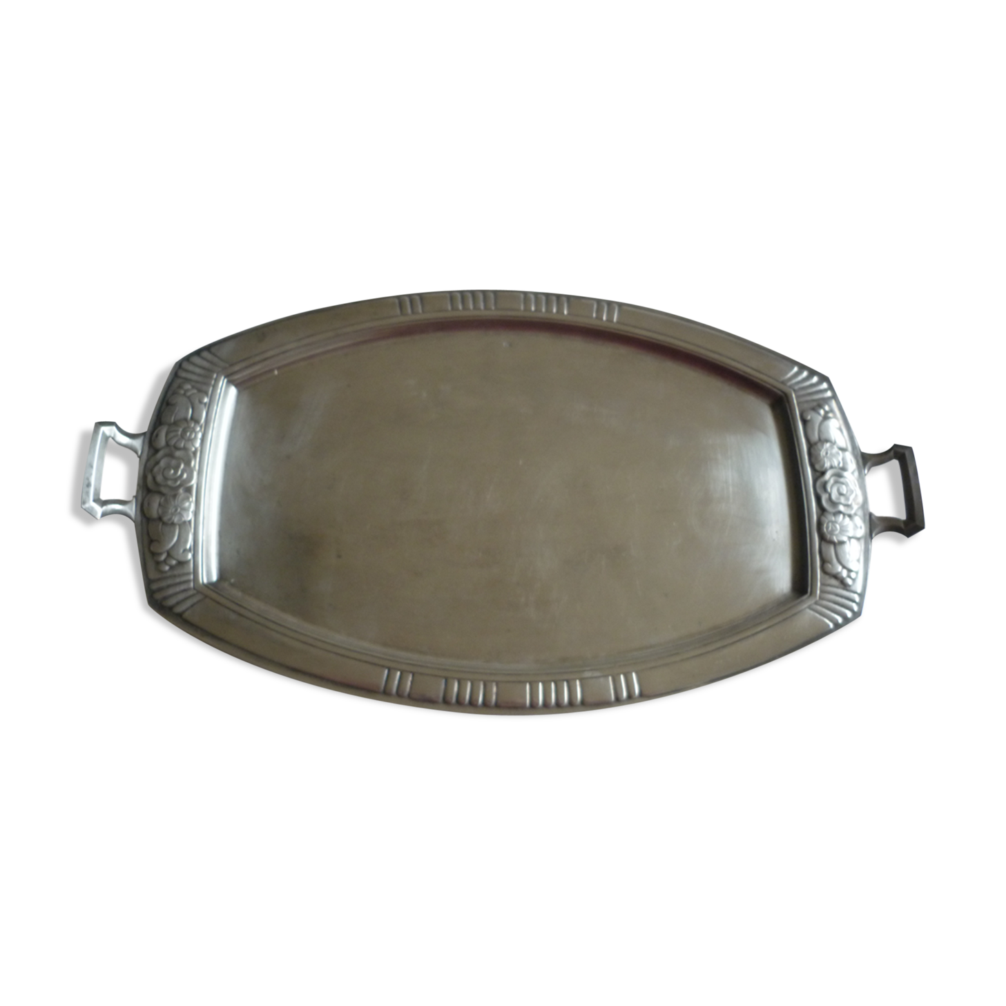 Tray silver metal art deco 2 handles small flowers