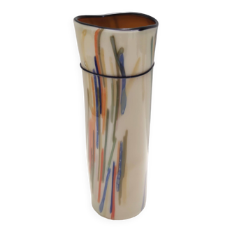 Postmodern Cylindric Encased and Hand-blown Opaline Glass Vase, Italy