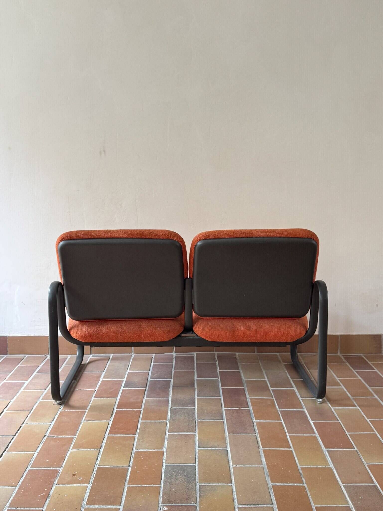 Strafor 2-seater bench, orange wool and sled base, 1970s.