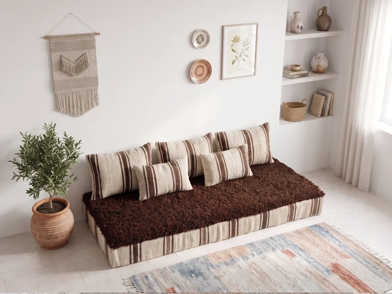 Striped coffee Hanbel floor cushion – Handwoven ivory wool