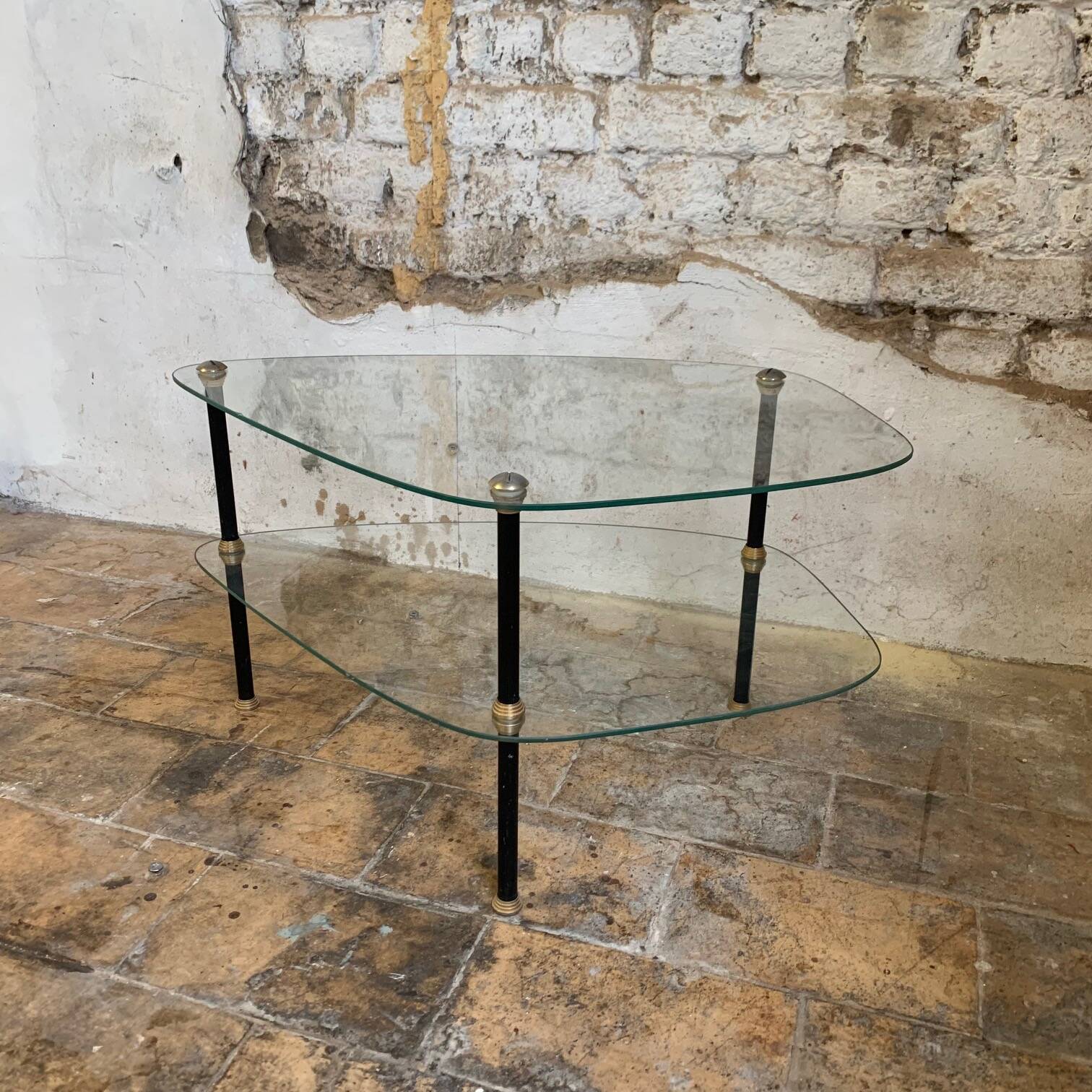 Pair of two 1950s glass and metal coffee tables, in the style of Edoardo Paoli
