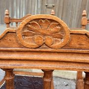 Set of 6 antique turned wooden chairs with embossed leather seats.