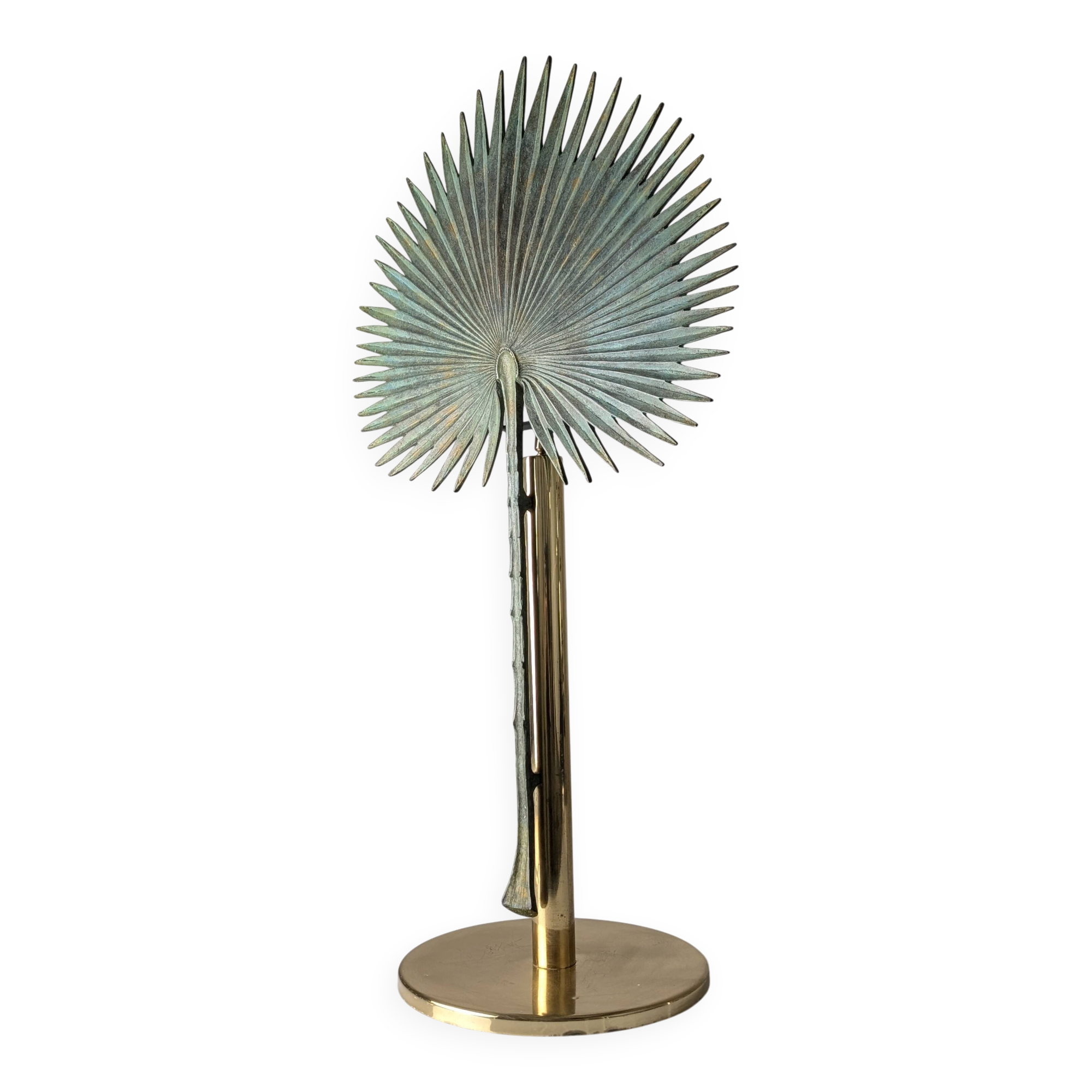 Monumental Valenti table lamp with fan palm leaf in bronze and brass, 1970s