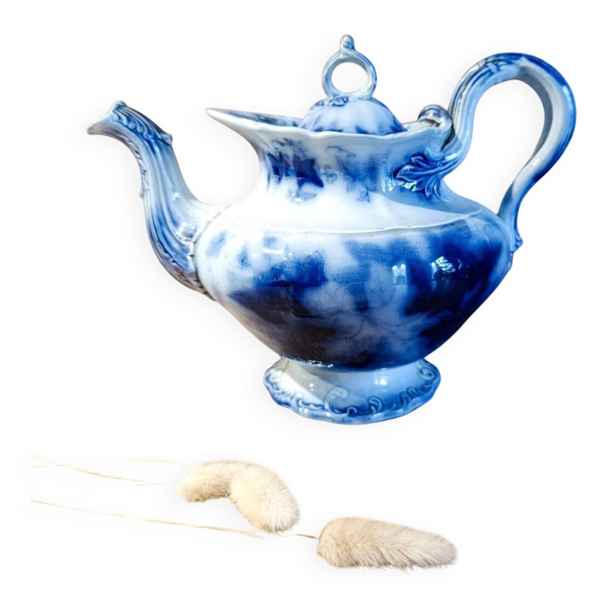 Antique blue teapot model Bryonia late 19th century Sarreguemines