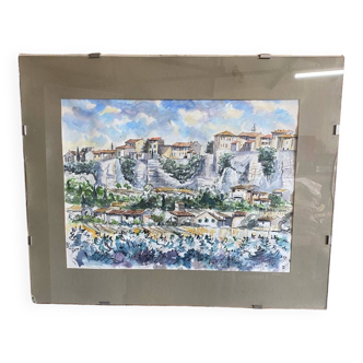 Watercolor of the village of Ménerbes in the Luberon