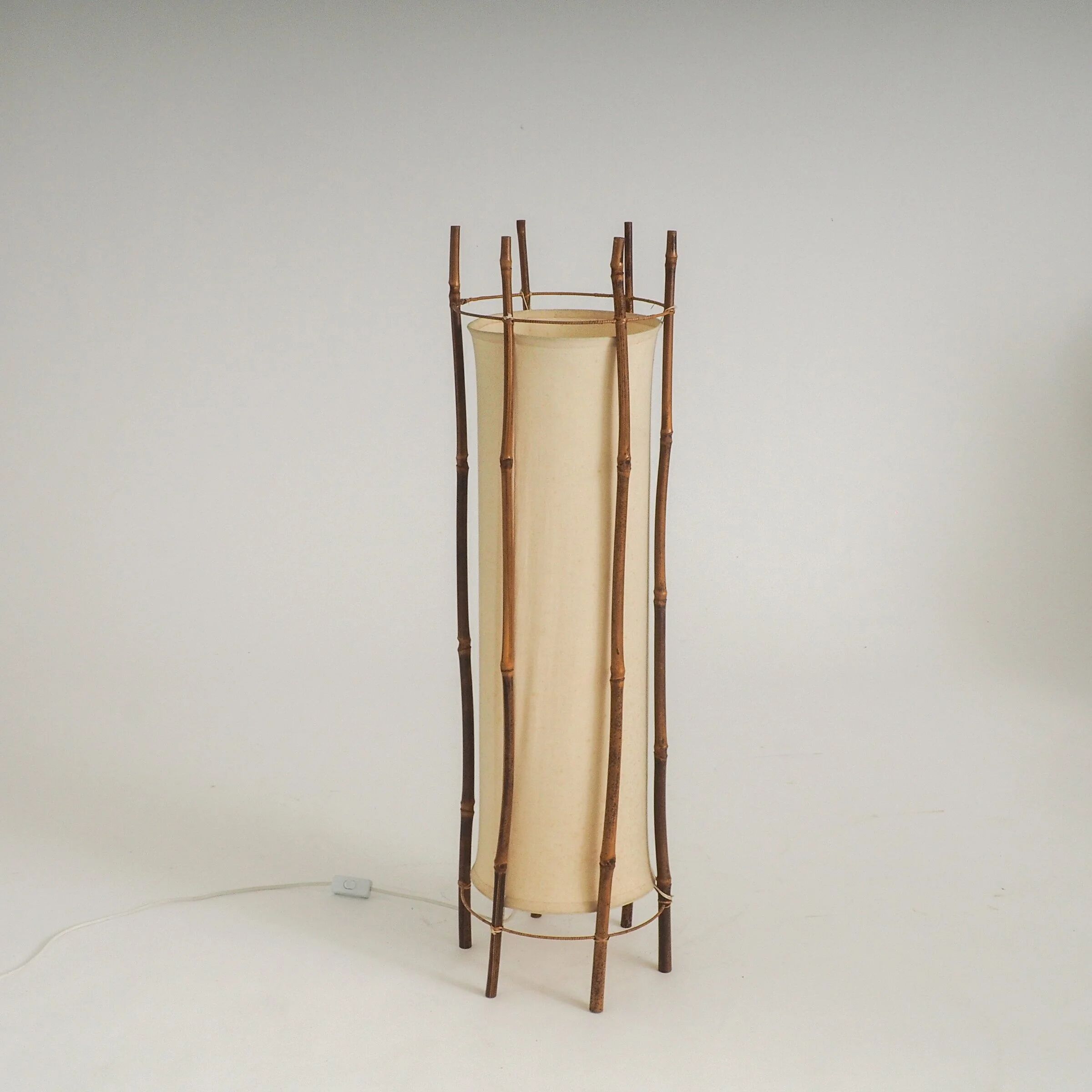 Large bamboo & linen floor lamp by Louis Sognot