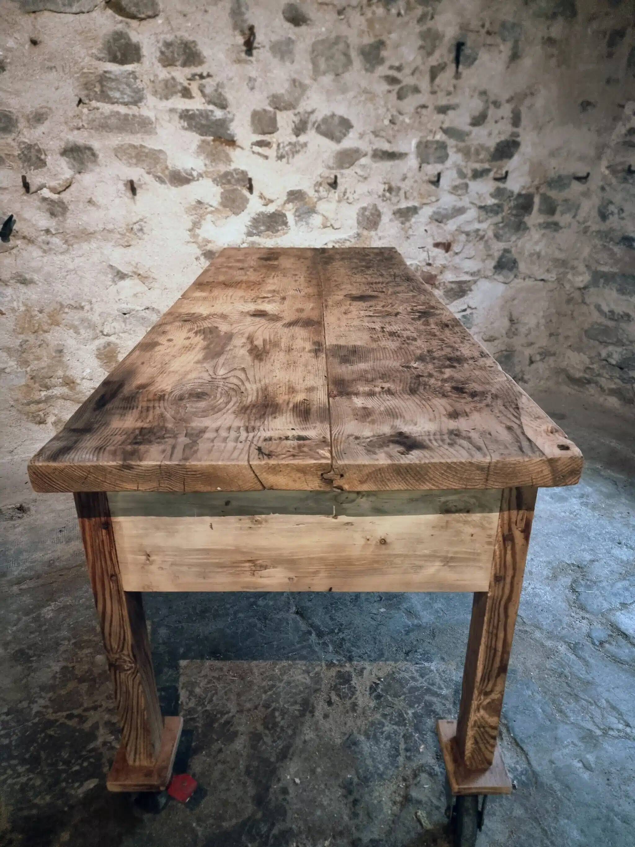 Vintage French pine work table, 1930s industrial kitchen island with drawer and casters