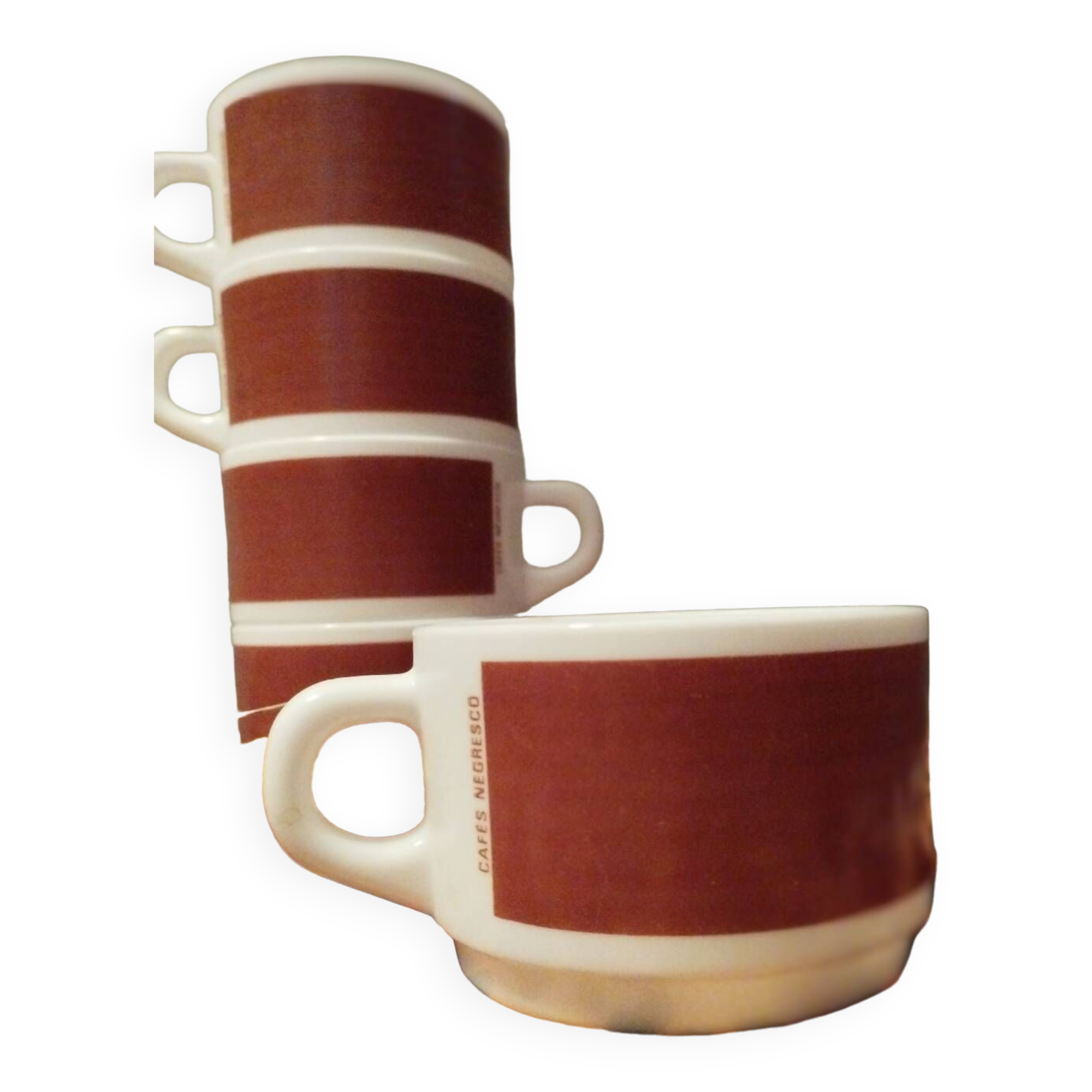Set of 5 brown/white Negresco coffee cups, in opal glass from Arcopal, 1970