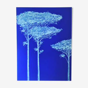 Pins Bleu turquoises sur fond bleu Dessin peinture acrylique sur toile de Bertrand Cure