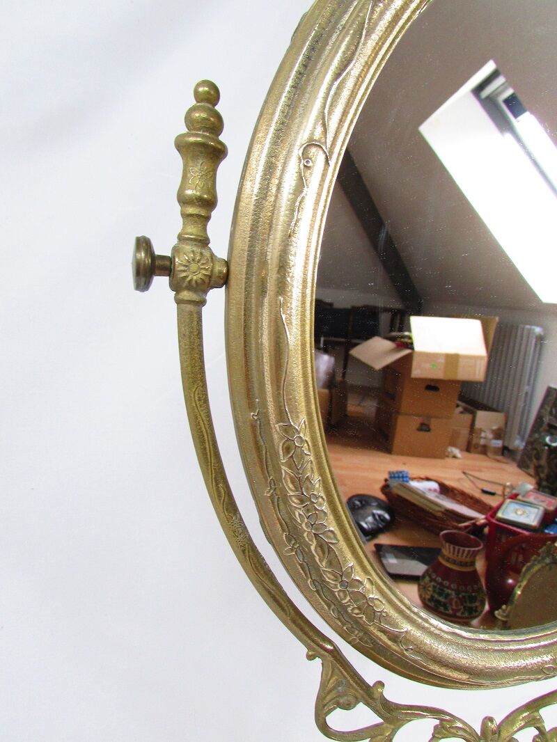 Tilting table mirror and art nouveau photo holder in bronze