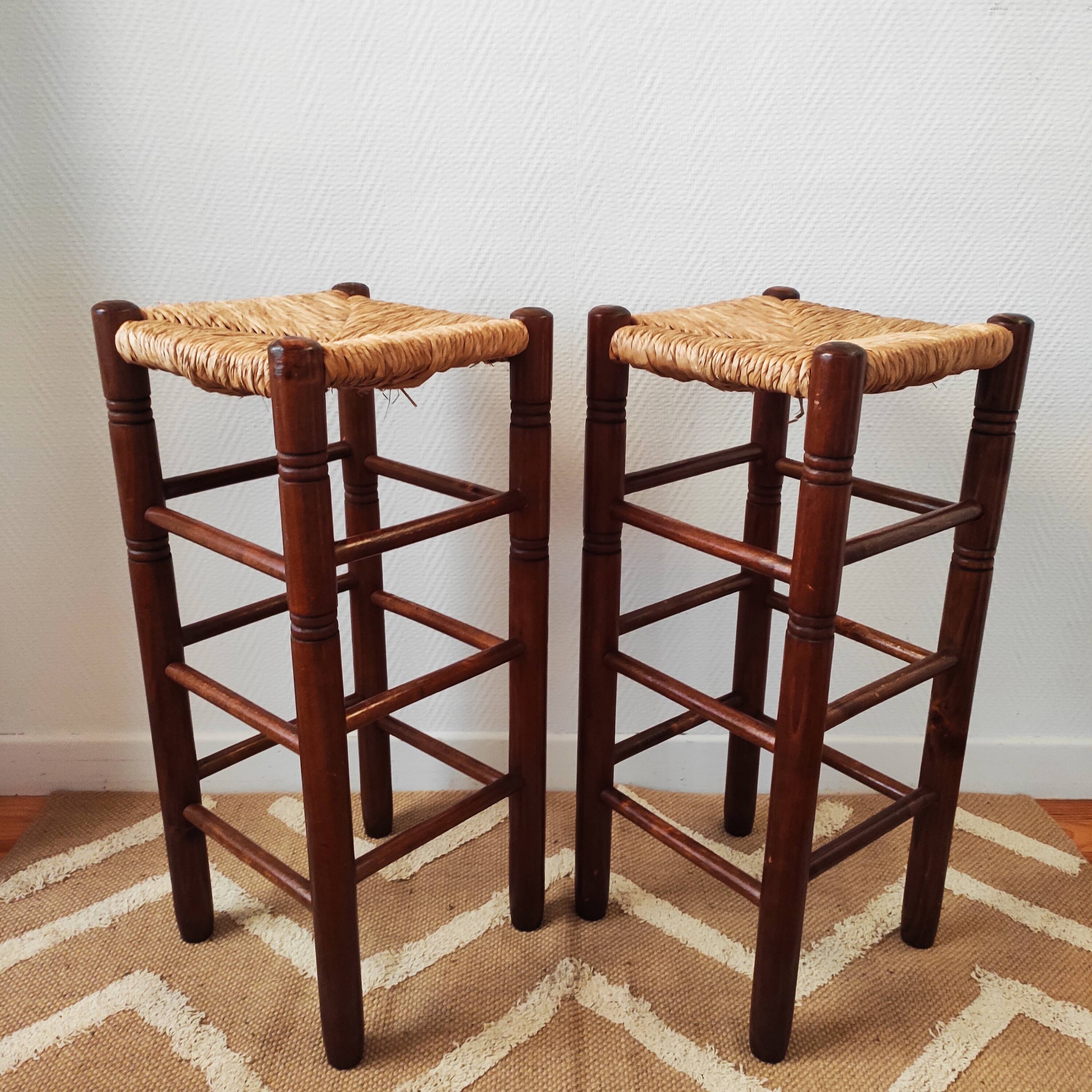 Pair of vintage brutalist stools made of wood and straw, France 1965.